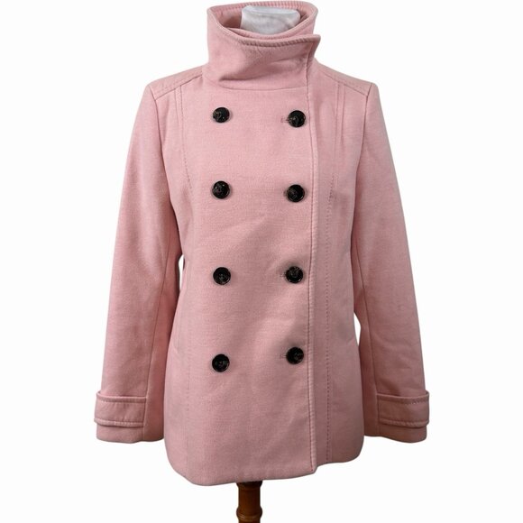 H&M Women's Pink Funnel Neck Pea Coat Double Breasted Jacket Size 14 Barbiecore - Picture 2 of 8